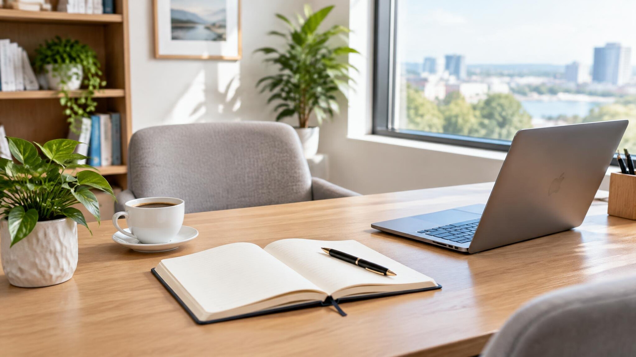 Welcoming consultation desk with notebook, laptop and coffee cup